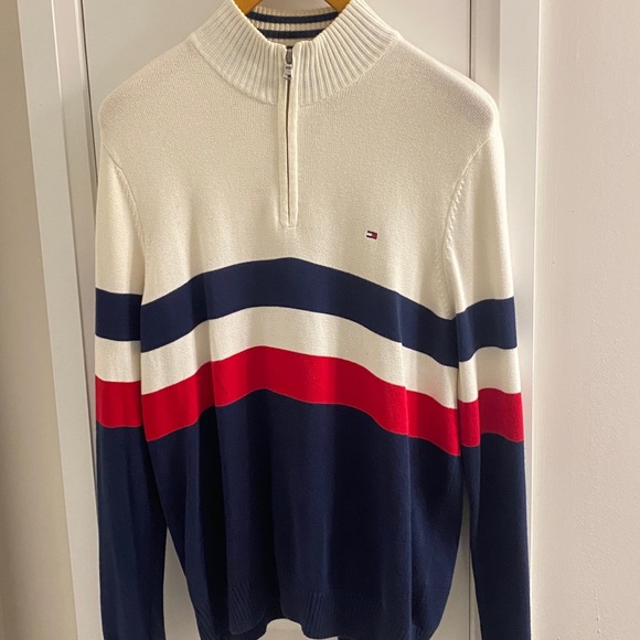 Tommy Hilfiger Men's Long Sleeve Cotton Quarter Zip Pullover Sweater, Navy, Red - Picture 2 of 5